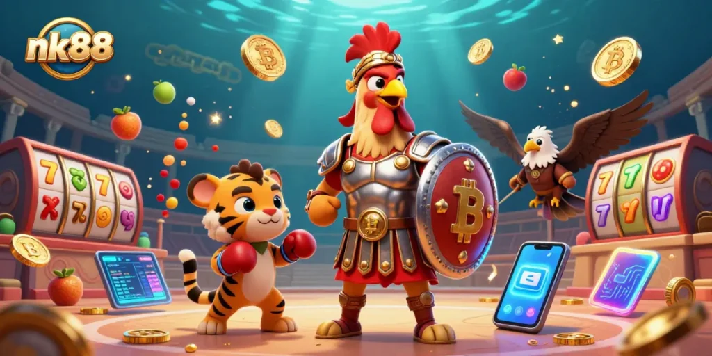 Bet on nk88 with a lively 3D illustration featuring slot reels, golden coins, and vibrant characters.