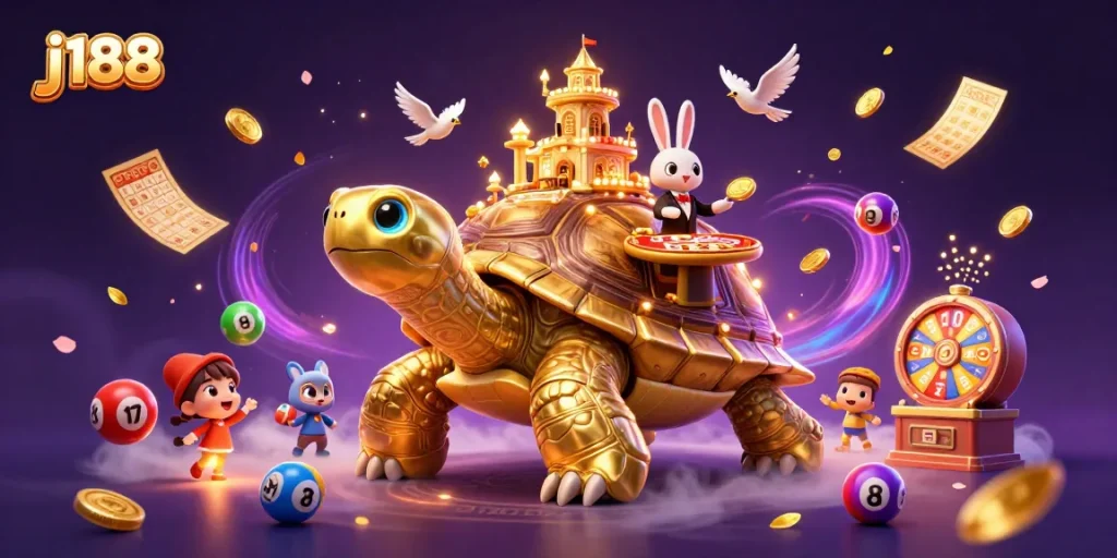 Engage with the vibrant j188 casino experience featuring a tortoise palace and lively elements.