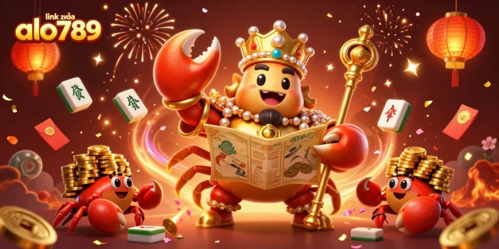 Explore the vibrant scene of the digital casino featuring link vào alo789 with the golden crab emperor and festive elements.