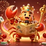 Explore the vibrant scene of the digital casino featuring link vào alo789 with the golden crab emperor and festive elements.