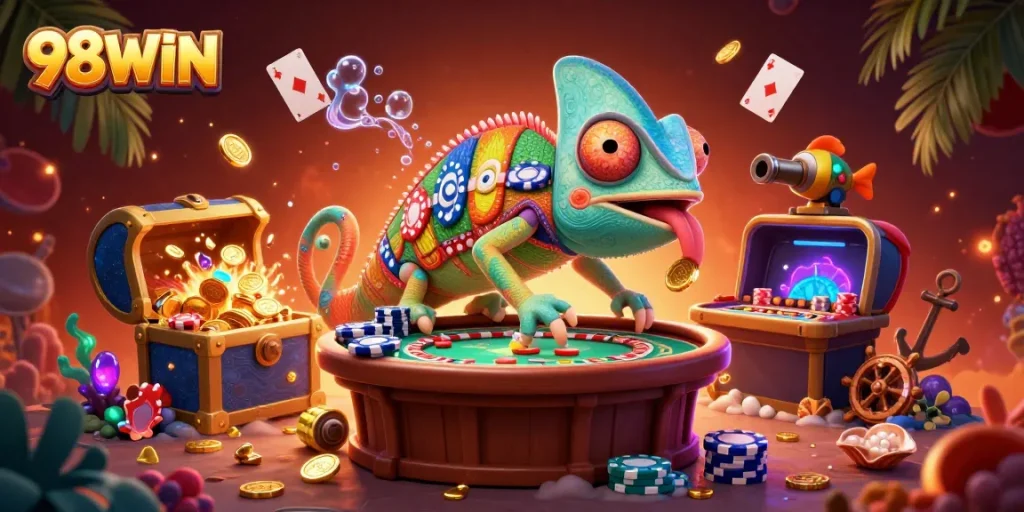 98WIN captures the excitement of casino gaming with vibrant visuals and lively characters.