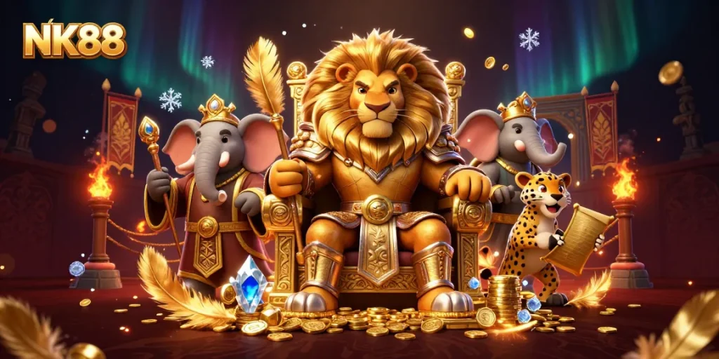 Engage with NK88's enthralling gaming experience, featuring a lion king in a majestic casino setting.