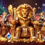 Engage with NK88's enthralling gaming experience, featuring a lion king in a majestic casino setting.
