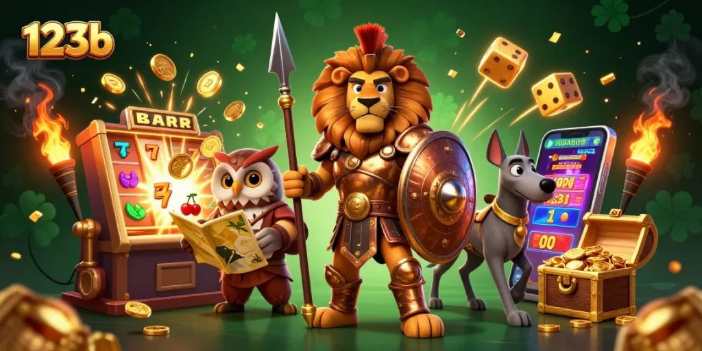 Join the adventure with 123b as the Spartan lion protects jackpots amidst casino excitement.