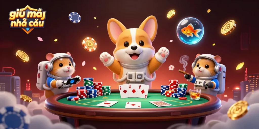 Engage in the world of giải mã nhà cái with a lively casino scene featuring an astronaut corgi and interactive gaming elements.