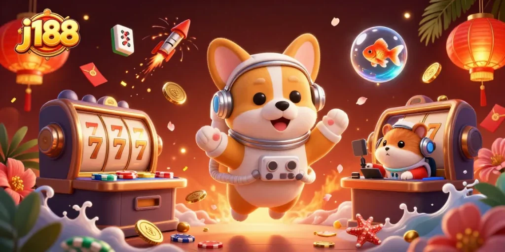 Experience thrilling fun with j188's vibrant casino scene featuring a whimsical corgi in zero gravity!