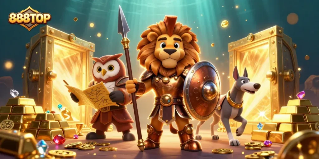 Join the adventure at 888TOP with lion, owl, and greyhound amidst treasures.