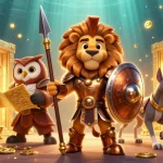 Join the adventure at 888TOP with lion, owl, and greyhound amidst treasures.