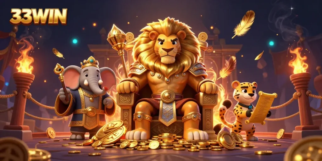 Experience 33WIN's thrilling gaming adventure with fierce characters amidst dazzling casino elements.