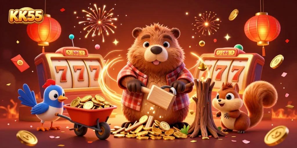 Spin the reels at KK55 with a vibrant atmosphere of gold coins, joyful characters, and festive fireworks!