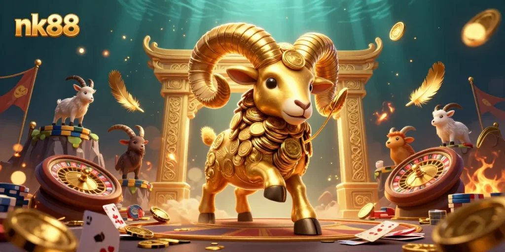 Experience the thrill of casino gaming with nk88's vibrant 3D golden ram illustration and dynamic elements.