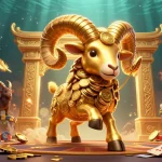 Experience the thrill of casino gaming with nk88's vibrant 3D golden ram illustration and dynamic elements.