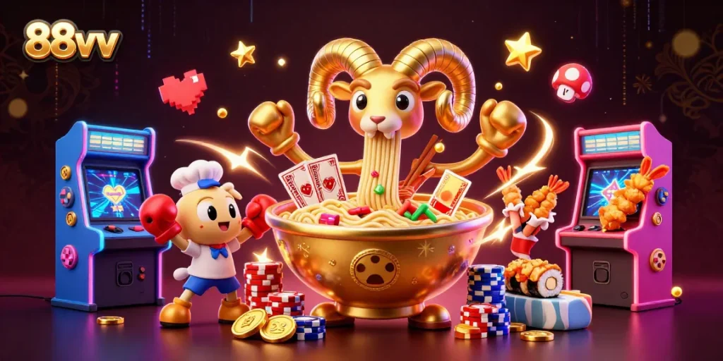 Engage with thrilling 88vv gaming as a golden ramen bowl dealer interacts with vibrant casino elements.