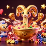 Engage with thrilling 88vv gaming as a golden ramen bowl dealer interacts with vibrant casino elements.