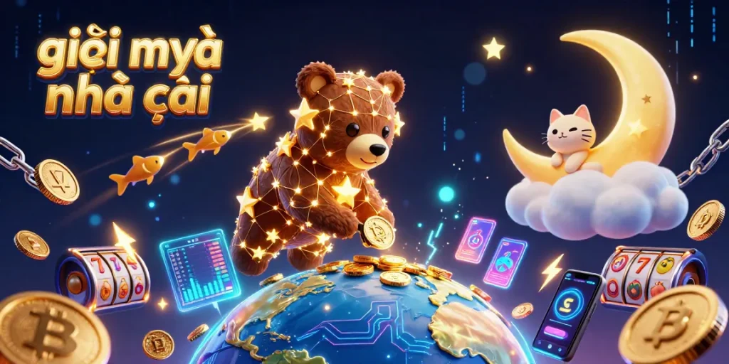 Engaging illustration of giải mã nhà cái, featuring a constellation bear and crypto elements in a vibrant casino scene.