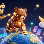Engaging illustration of giải mã nhà cái, featuring a constellation bear and crypto elements in a vibrant casino scene.
