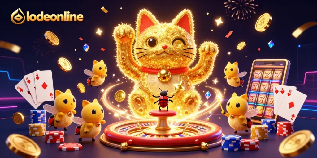 Experience vibrant gaming with lodeonline’s animated lucky cat and fireflies amidst casino thrills.