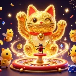 Experience vibrant gaming with lodeonline’s animated lucky cat and fireflies amidst casino thrills.