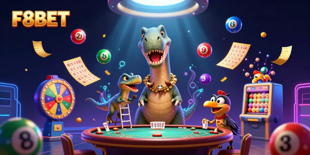 Experience dynamic gaming with F8BET's exciting casino illustration showcasing vibrant lottery and casino elements.