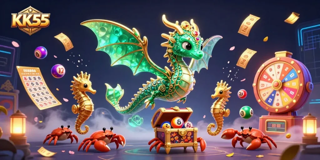 Play exciting games at KK55 with colorful lottery balls, spinning prize wheels, and a sea dragon.