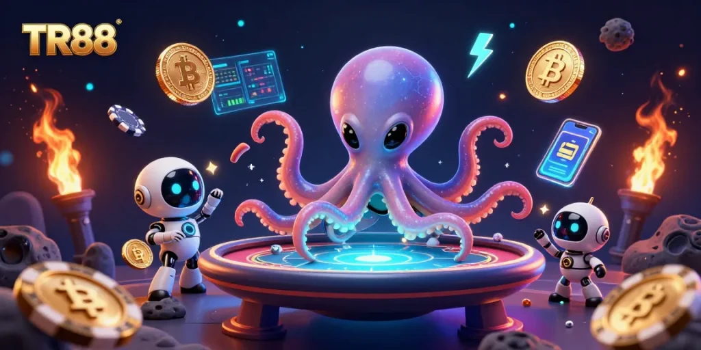 Join TR88 for thrilling poker action with an alien octopus and robot as they spin the chips!