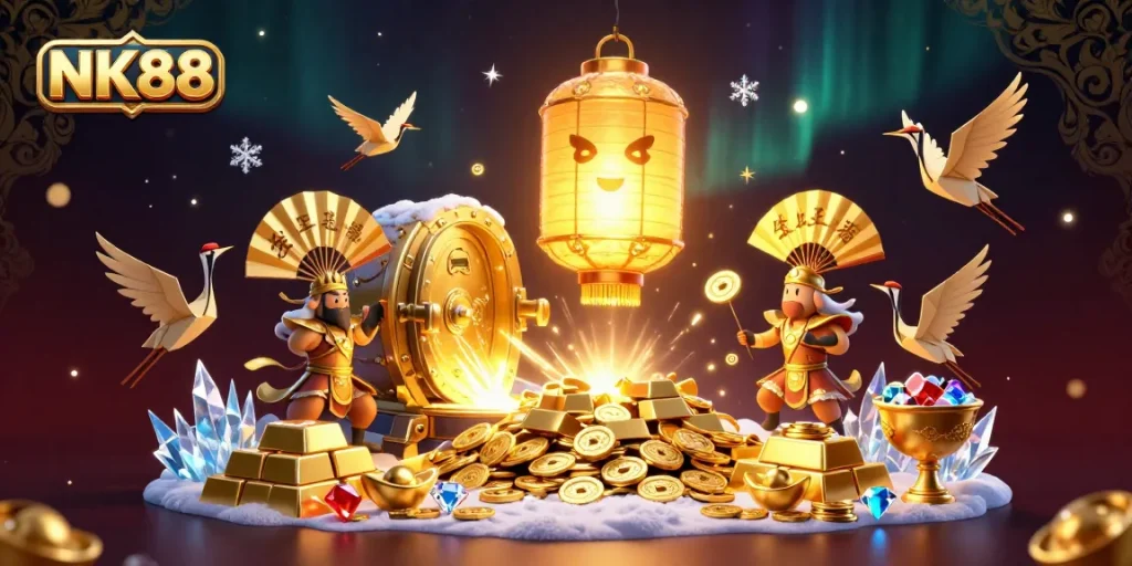 Engage with the enchanting world of NK88 as a golden spirit illuminates a vibrant casino, inviting players to explore abundant treasures.