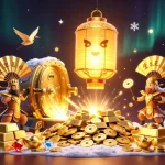 Engage with the enchanting world of NK88 as a golden spirit illuminates a vibrant casino, inviting players to explore abundant treasures.