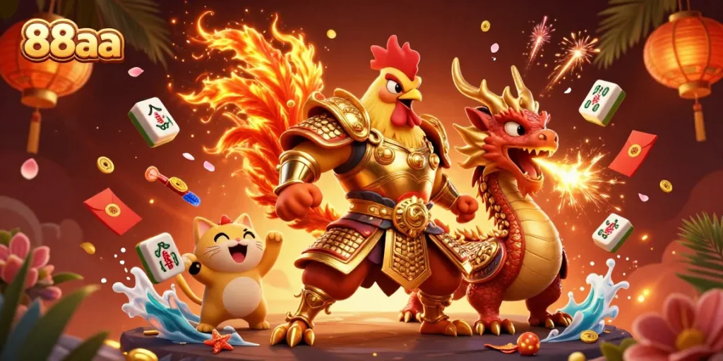Experience gaming action with 88aa at a vibrant casino-themed illustration featuring rooster warriors.