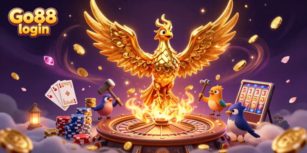 Experience the thrill of Go88 login with a vibrant illustration showcasing exciting casino elements and a golden phoenix.