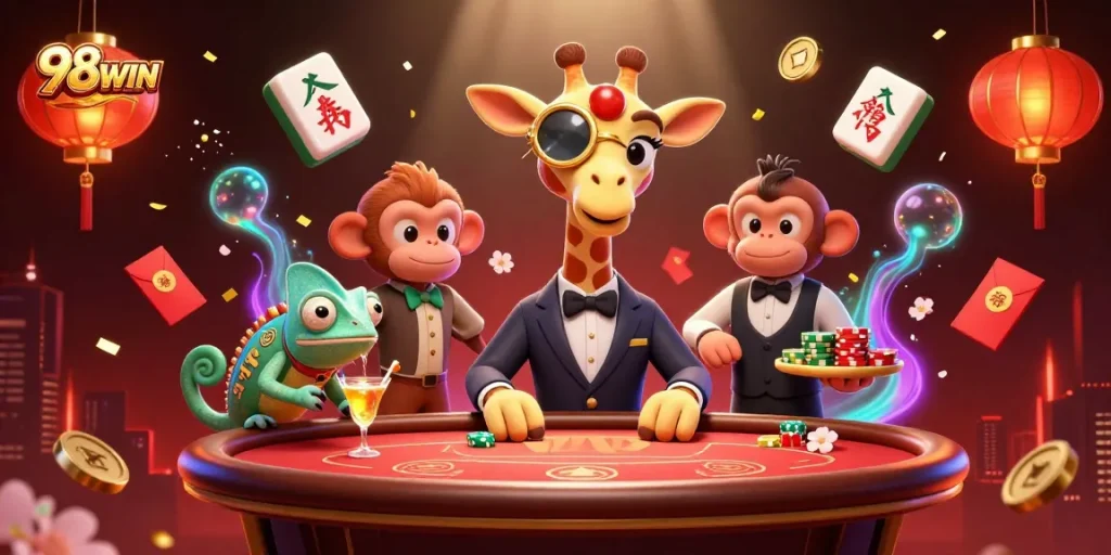 Engage with 98WIN's captivating online casino scene featuring vibrant characters and festive elements.