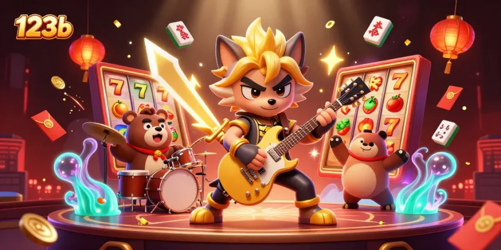 Experience vibrant action at 123b with a cartoon rock star wolf and fortune symbols.