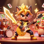 Experience vibrant action at 123b with a cartoon rock star wolf and fortune symbols.