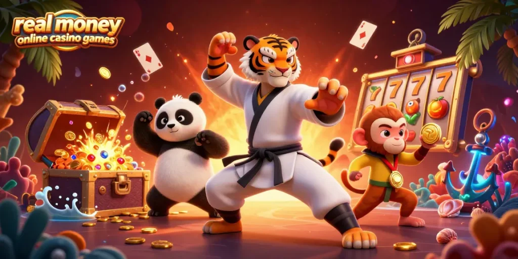 Play thrilling real money online casino games with vibrant cartoon characters and slot machines.