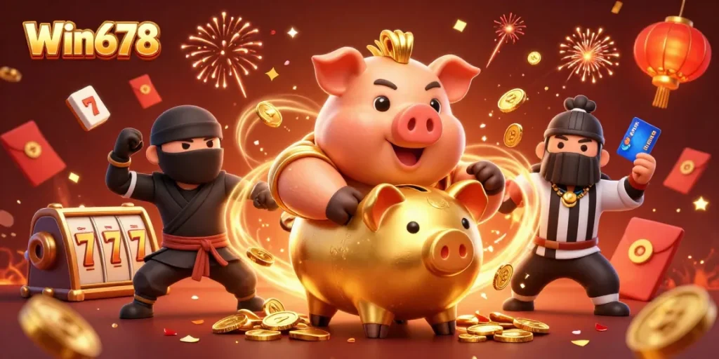 Experience thrilling wins at Win678 with this vibrant online casino scene packed with gold and excitement.