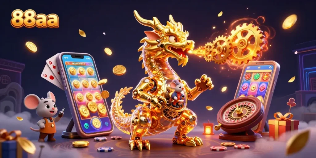 Experience thrilling gameplay with 88aa's dynamic casino action, featuring a golden dragon and engaging game elements.