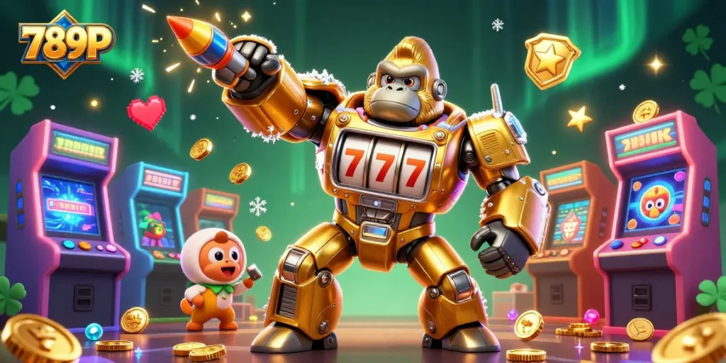 Experience the thrilling excitement of 789P with a golden gorilla mech, vibrant games, and dynamic casino elements.