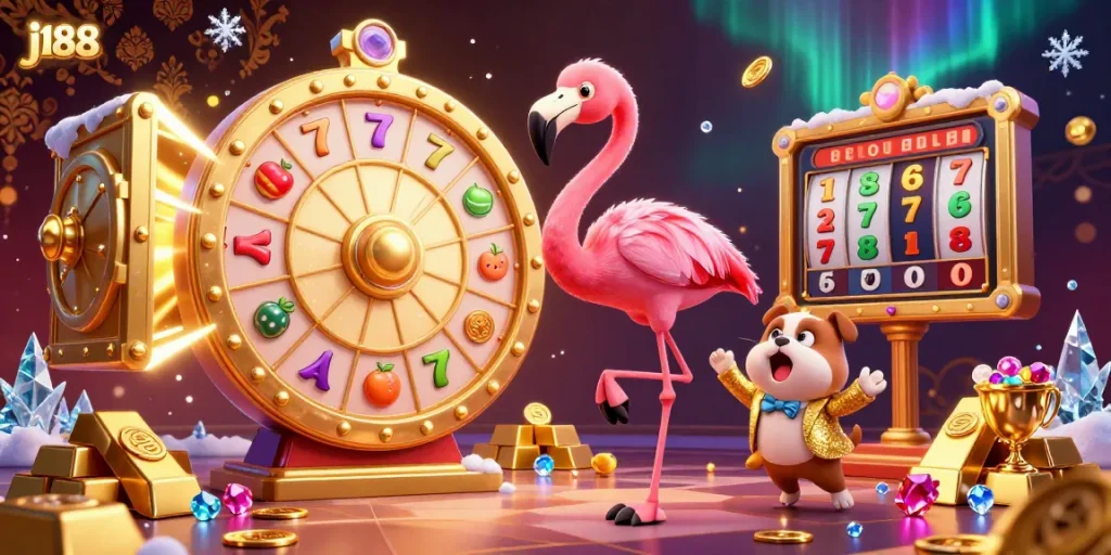 Spin to win big with j188 in this vibrant casino-themed illustration showcasing excitement and prizes.
