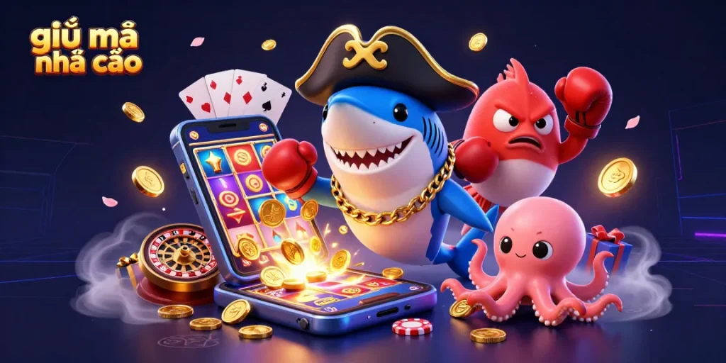 Experience the magic of giải mã nhà cái with a vibrant 3D casino scene featuring engaging characters and games.