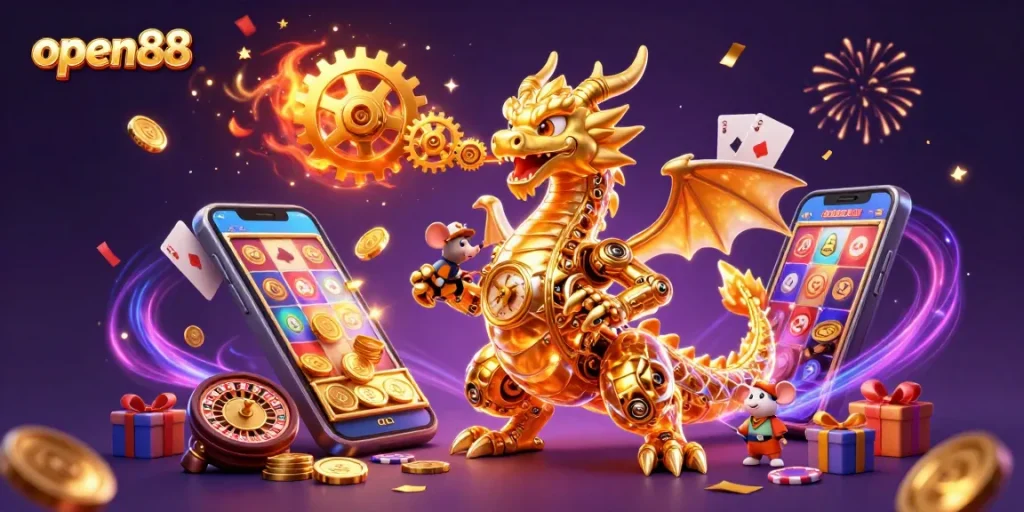 Experience the excitement at open88 with a dragon-inspired slot game scene filled with gold and magic.